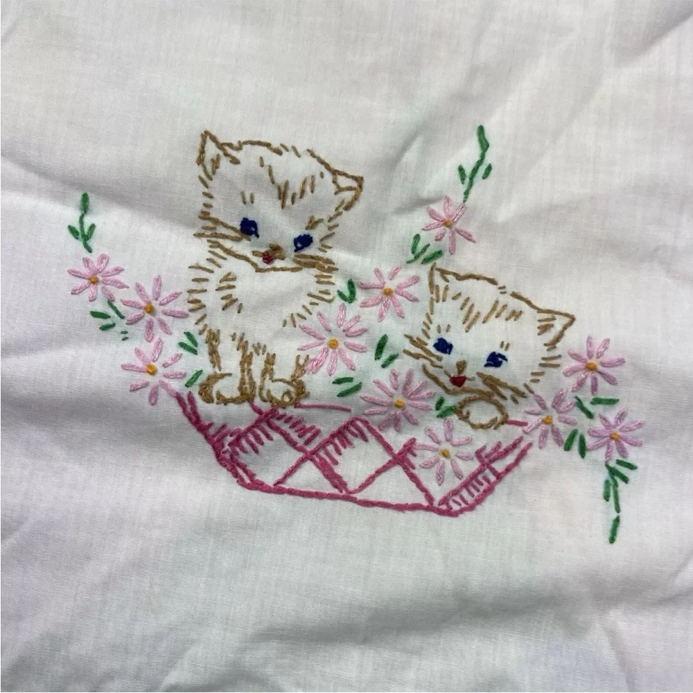 Vintage Handmade Toddler Girls Pink White Apron Top Kitty Cat Embroidery